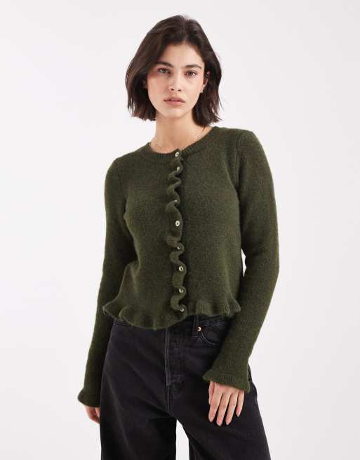 ASOS DESIGN – Kardigan z dzianiny z domieszką wełny z falbankami w kolorze khaki