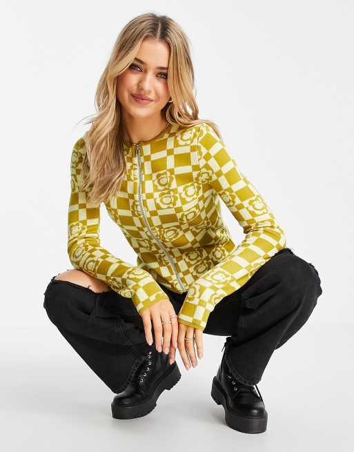 ASOS DESIGN – Kardigan z dzianiny zapinany na zamek z kwiatowym wzorem w kratę