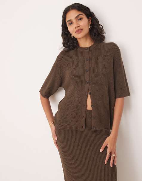 ASOS DESIGN short sleeve boucle cardigan co-ord in chocolate