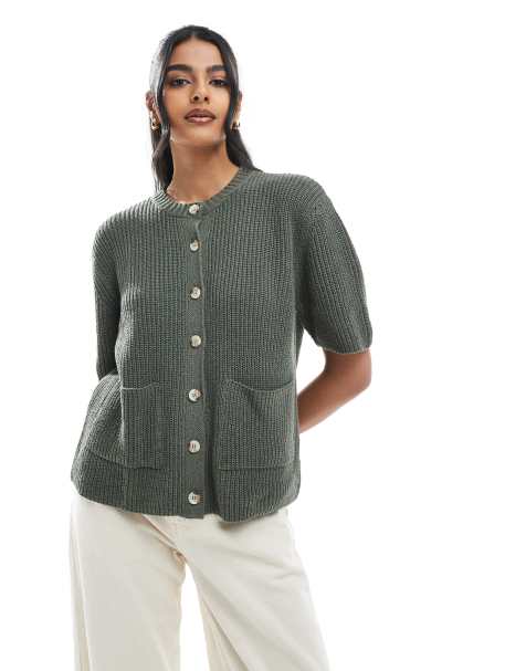 ASOS DESIGN knitted cardigan with patch pockets in khaki