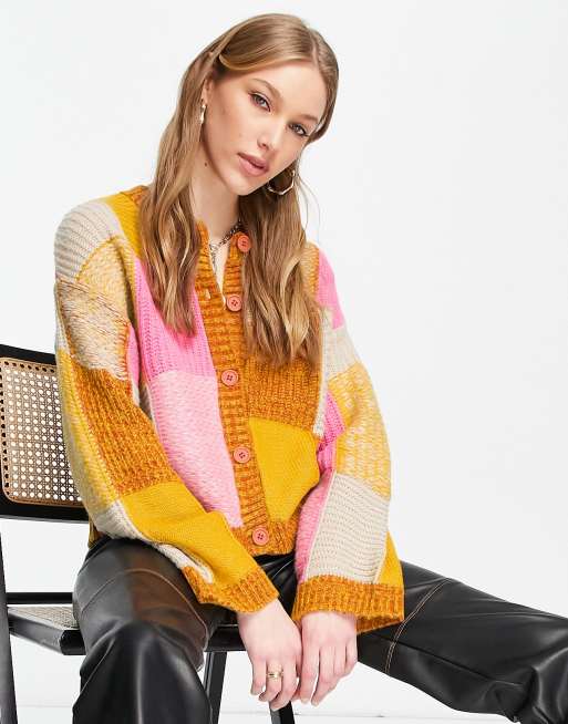 ASOS DESIGN – Kardigan z okrągłym dekoltem w patchworkowy wzór 