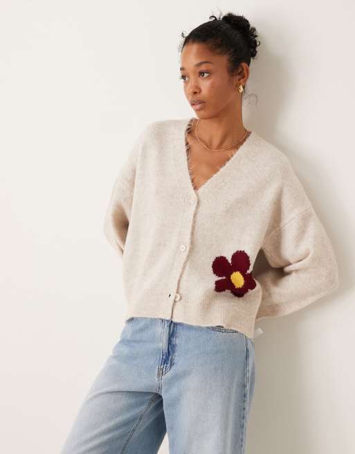 ASOS DESIGN – Kardigan z puszystej dzianiny w kolorze ecru z motywem kwiatka