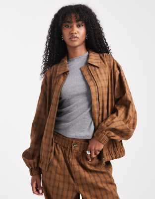 ASOS DESIGN - Karierte Jacke in Senfgelb mit Ballonsaum, Kombiteil