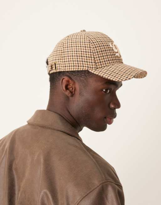 ASOS DESIGN puppy tooth check cap with embroidery design in brown