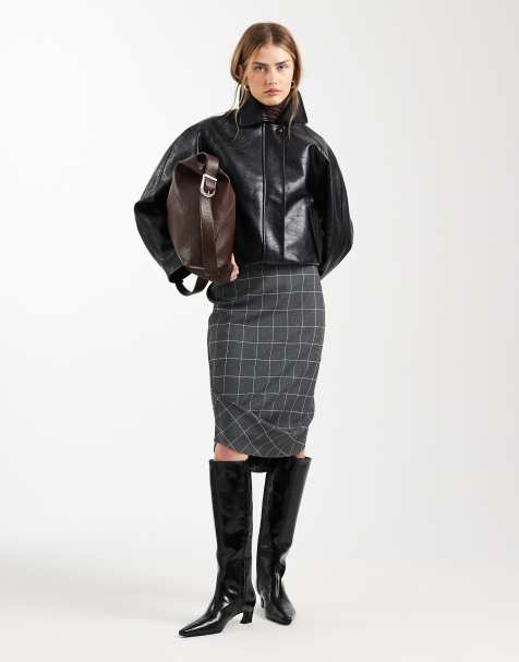 ASOS DESIGN – Karierter Bleistiftrock in Grau mit gestecktem Detail - view 1