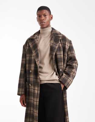 Karierter Longline-Mantel in brauner Wolloptik mit Oversize-Passform-Brown Brown 2XL