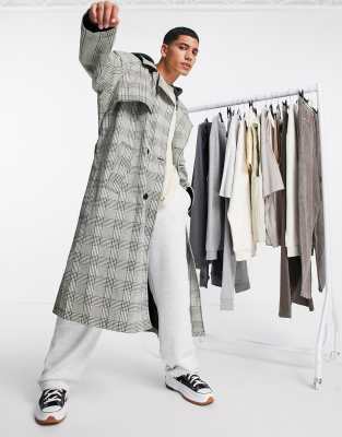 asos design -  – Karierter Oversize-Trenchcoat in Grau mit Kapuze