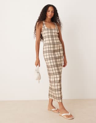 ASOS DESIGN - Kariertes Maxikleid in Steinbeige mit eckigem Ausschnitt-Neutral