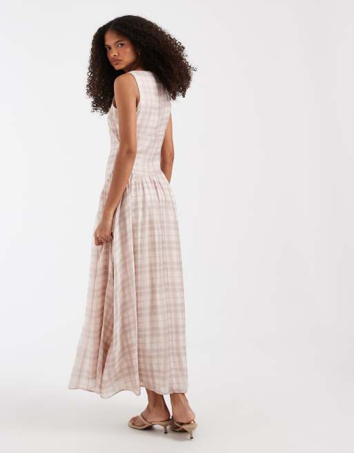 ASOS DESIGN – Kariertes Midikleid in Cremeweiß mit U-Boot-Ausschnitt und asymmetrischem Saum, 4 von 4
