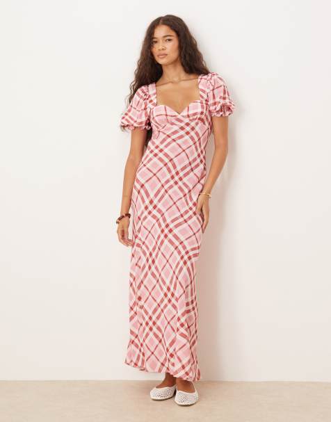 ASOS DESIGN – Kariertes Midikleid in Rosa mit Puffärmeln und Knopfleiste - view 1