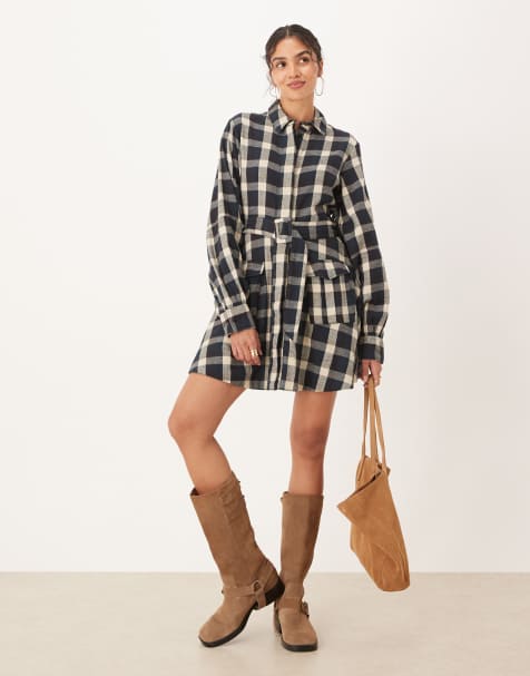 ASOS DESIGN – Kariertes Mini-Hemdblusenkleid in Schwarz und Hellbraun mit Gürtel - view 1