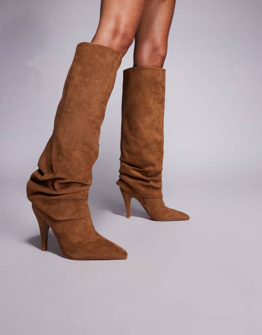 ASOS DESIGN Karissa slouch heeled over the knee boots in tan suedette