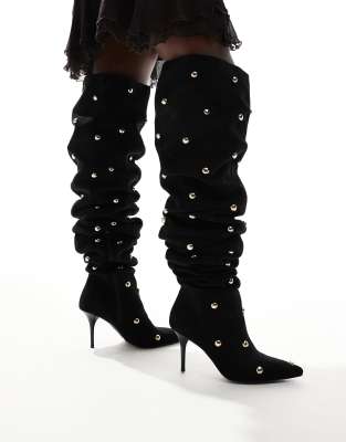 Karma studded heeled over the knee boots in black