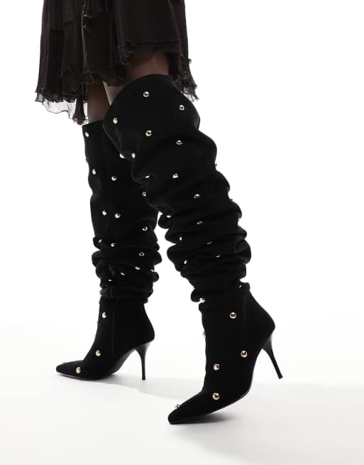 ASOS DESIGN Karma studded heeled over the knee boots in black
