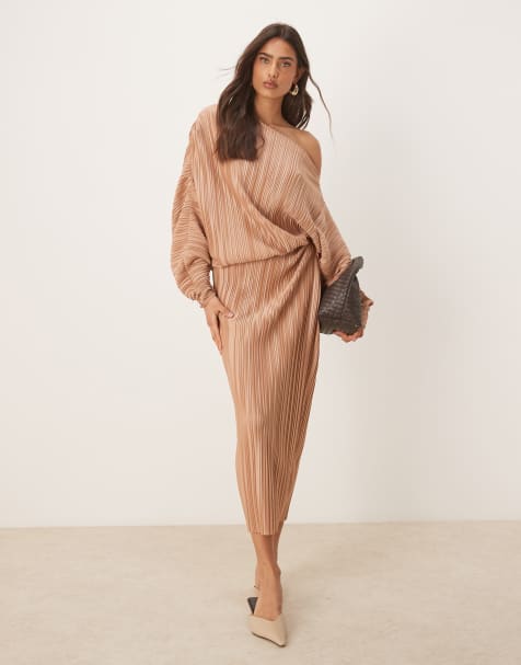 ASOS DESIGN plisse fallen shoulder long sleeve midi dress in caramel