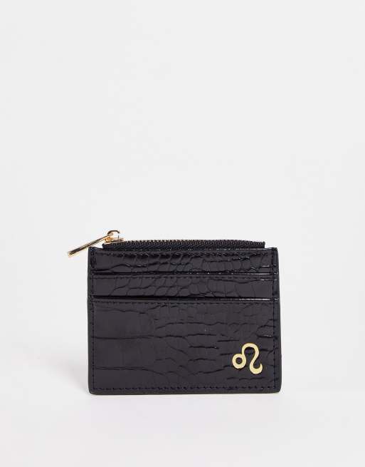 ASOS DESIGN – Kartenetui-Geldbörse in Kroko-Schwarz mit Löwe-Sternzeichendetail