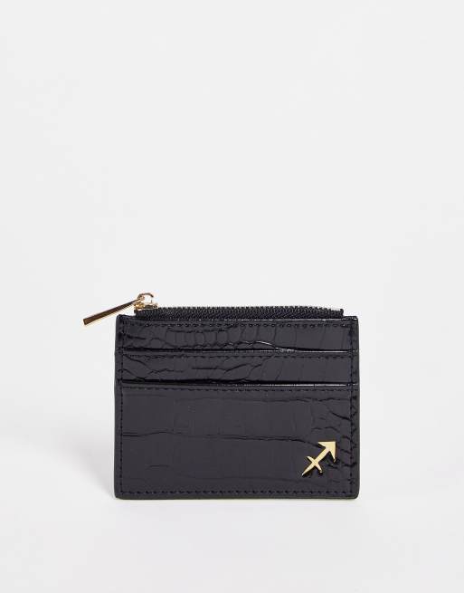 ASOS DESIGN – Kartenetui-Geldbörse in Kroko-Schwarz mit Schütze-Sternzeichendetail