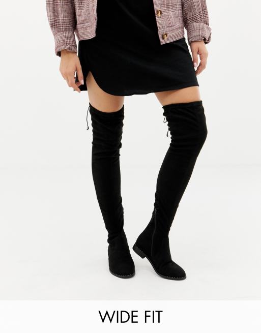 ASOS Design - Kaska - Platte dijhoge laarzen met studs, brede pasvorm en extra wijde pijpen