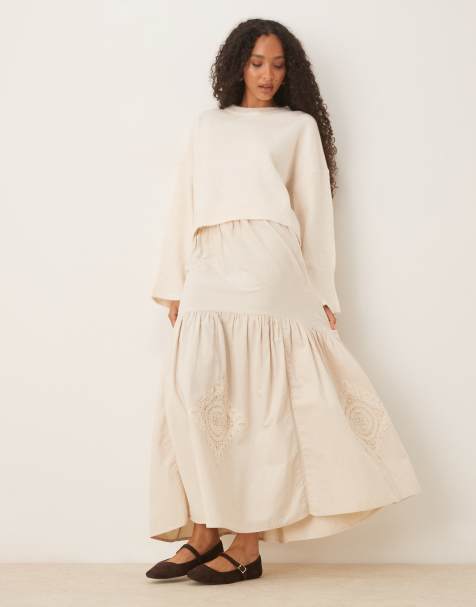 ASOS DESIGN embroidered tiered maxi skirt with lace inserts