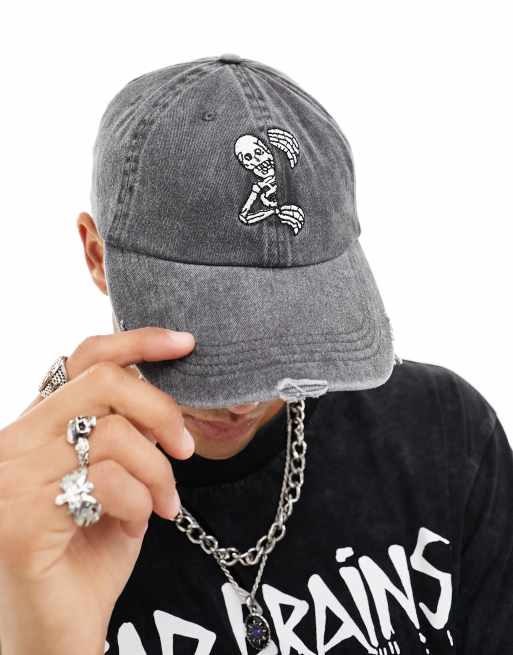 ASOS DESIGN - Kasket i sort vask med skeletbroderi