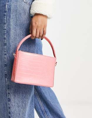 ASOS DESIGN - Kastenförmige Tasche in Kroko-Rosa mit Griff oben und abnehmbarem Träger