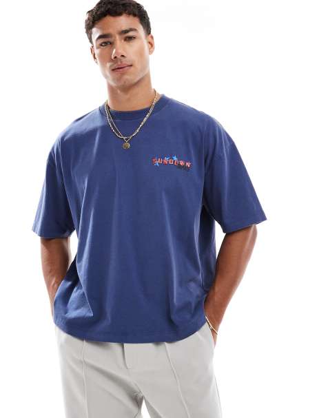 ASOS DESIGN – Kastenförmiges Oversize-T-Shirt mit Sommergrafik in verwaschenem Blau - view 1