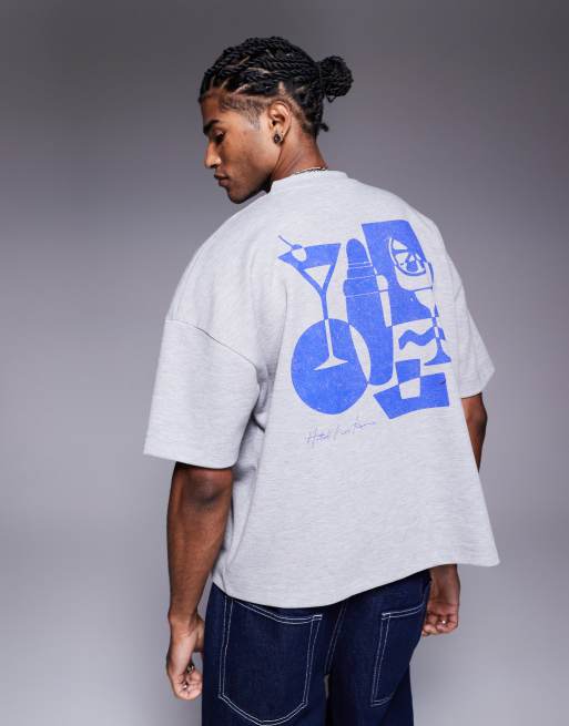 ASOS DESIGN – Kastenförmiges, schweres Oversize-T-Shirt mit überschnittenen Schultern in Grau meliert mit Getränkegrafik, 300 g/m²