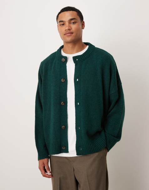 ASOS DESIGN – Kastig geschnittene Strickjacke in Dunkelgrün mit extremer Oversize-Passform und Rundhalsausschnitt - view 1