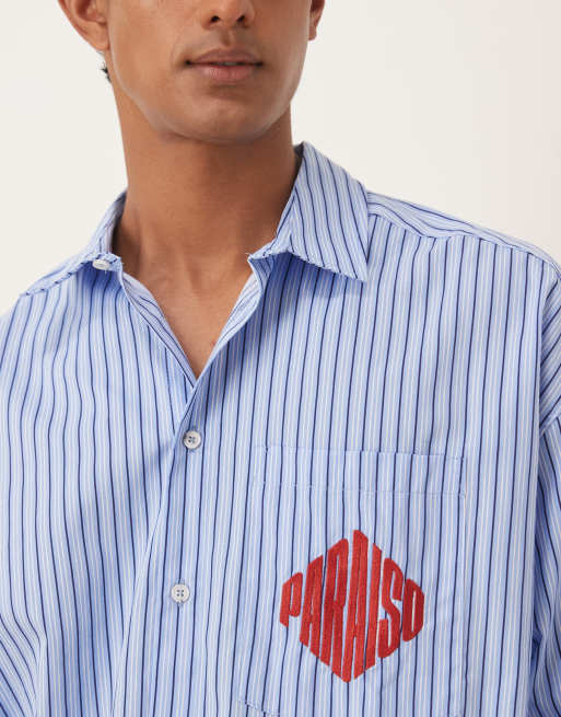 ASOS DESIGN – Kastig geschnittenes Oversize-Hemd in Blau gestreift mit Stickerei auf der Brust, 5 von 5