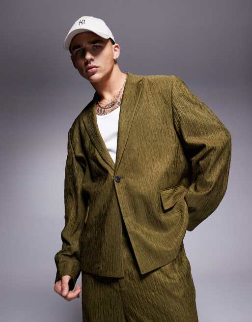 ASOS DESIGN – Kastige Anzugjacke in Olivgrün mit Knitter-Struktur