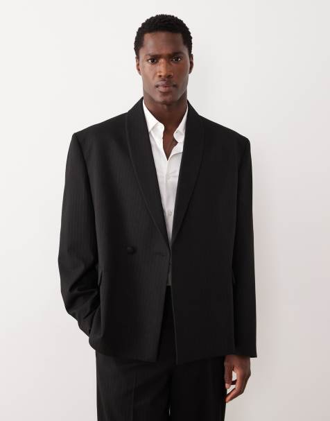 ASOS DESIGN – Kastige Anzugjacke in Schwarz mit farblich abgestimmten Metallic-Streifen und Schalrevers - view 1