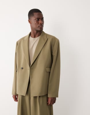 Kastige Anzugjacke in Staubgrün mit Wickeldesign Grün 50 Regular