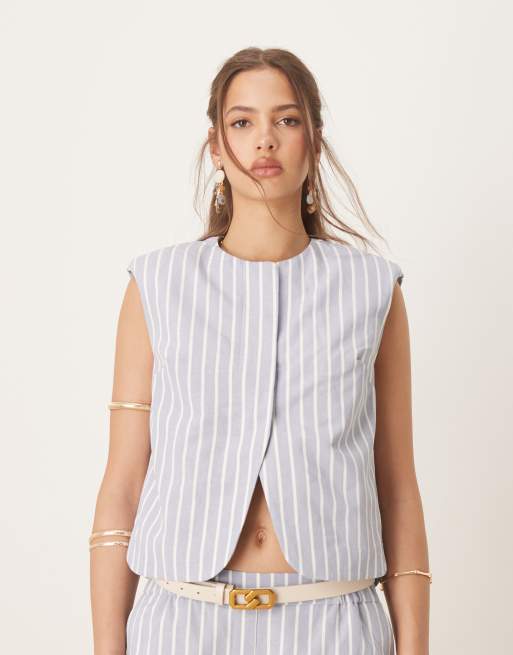 ASOS DESIGN – Kastige, blau-weiß gestreifte Weste mit Leinenanteil und Aussparung, Kombiteil 