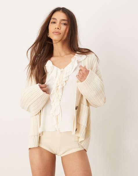 ASOS DESIGN – Kastige gerippte Longline-Strickjacke in Creme - view 1
