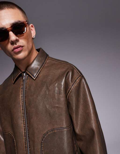 ASOS DESIGN – Kastige Harrington-Jacke aus Kunstleder in verwaschenem Braun, 4 von 4