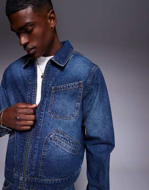 ASOS DESIGN – Kastige Harrington-Jeansjacke in verwaschenem Mittelblau, Kombiteil - view 1
