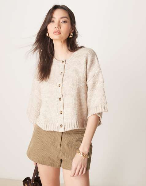 ASOS DESIGN – Kastige, kurzärmlige Strickjacke in Hellbeige - view 1