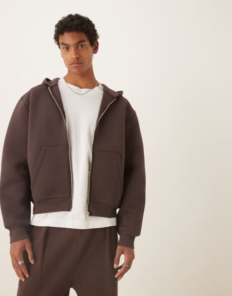 ASOS DESIGN – Kastige, locker geschnittene Kapuzenjacke aus schwerem, neoprenartigem Stoff in Braun - view 1