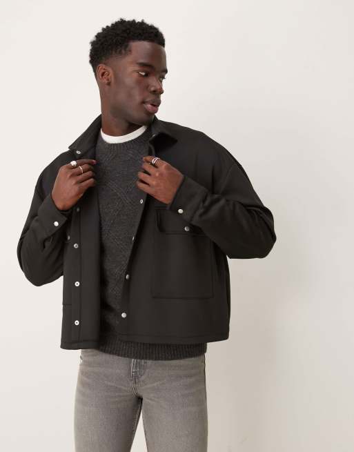 ASOS DESIGN – Kastige Oversize-Hemdjacke aus neoprenartigem Stoff in Schwarz 