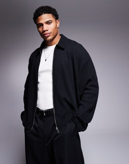 ASOS DESIGN – Kastige Oversize-Hemdjacke in Schwarz mit Reißverschluss und Rippenstruktur