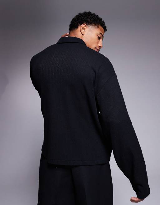 ASOS DESIGN – Kastige Oversize-Hemdjacke in Schwarz mit Reißverschluss und Rippenstruktur, 3 von 4
