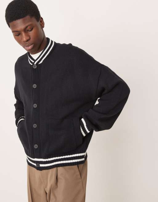 ASOS DESIGN – Kastige Oversize-Strickjacke in Marineblau mit Bomberjacken-Schnitt und Zierstreifen in Weiß