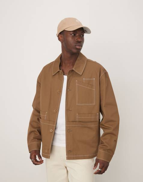 ASOS DESIGN – Kastige Oversize-Workerjacke in Hellbraun mit kontrastierenden Ziernähten - view 1
