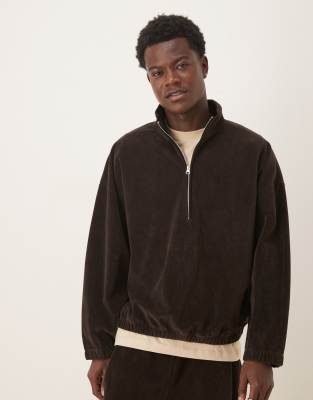 Kastige Relaxed-Fit-Trainingsjacke aus geripptem Velours in Braun mit kurzem Reißverschluss, Kombiteil Braun XS