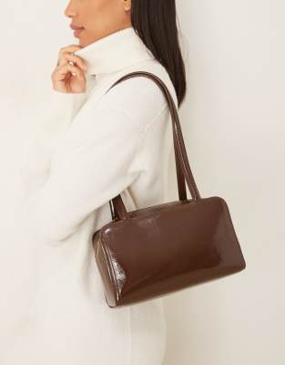 ASOS DESIGN - Kastige Schultertasche in Schokobraun mit Lackoptik-Brown
