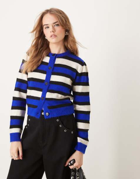 ASOS DESIGN – Kastige Strickjacke in Blau mit Streifen - view 1