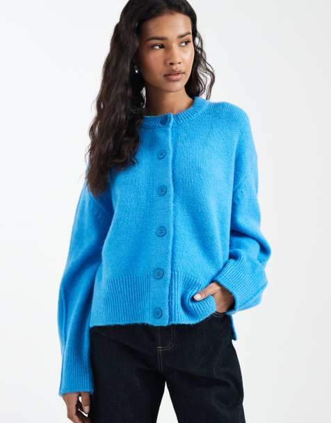 ASOS DESIGN – Kastige Strickjacke in leuchtendem Blau mit seitlichem Schlitz und Rundhalsausschnitt - view 1