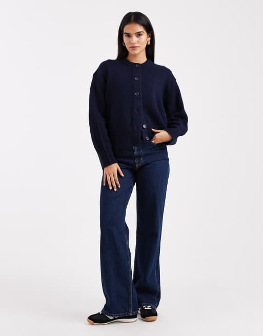 ASOS DESIGN – Kastige Strickjacke in Marineblau mit seitlichem Schlitz und Rundhalsausschnitt, 3 von 4