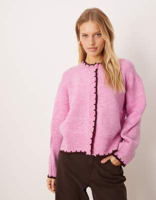 ASOS DESIGN - Kastige Strickjacke in Rosa mit Rundhalsausschnitt, Seitenschlitz und Languettenstich
