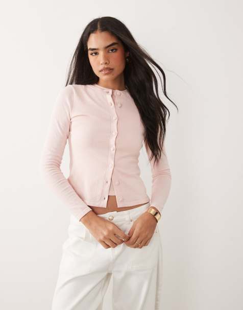 ASOS DESIGN – Kastige Strickjacke in Rosa mit Rüschen, Kombiteil - view 1